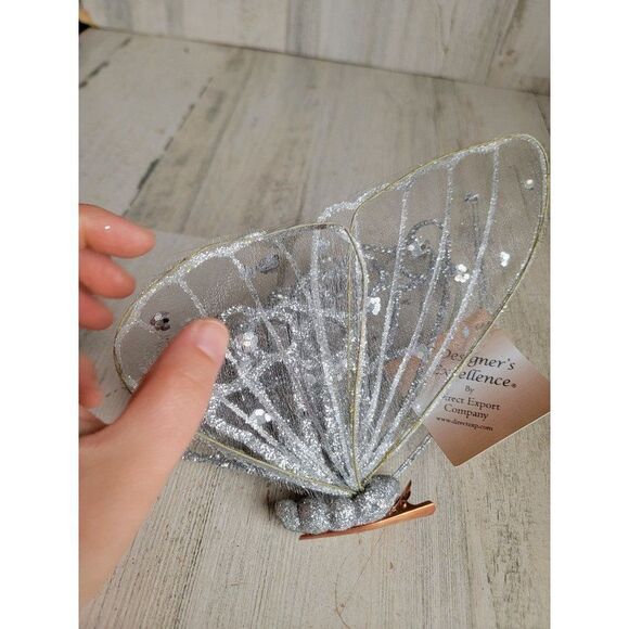 Large silver glitter butterfly clip-on ornament Xmas spring - Picture 5 of 10